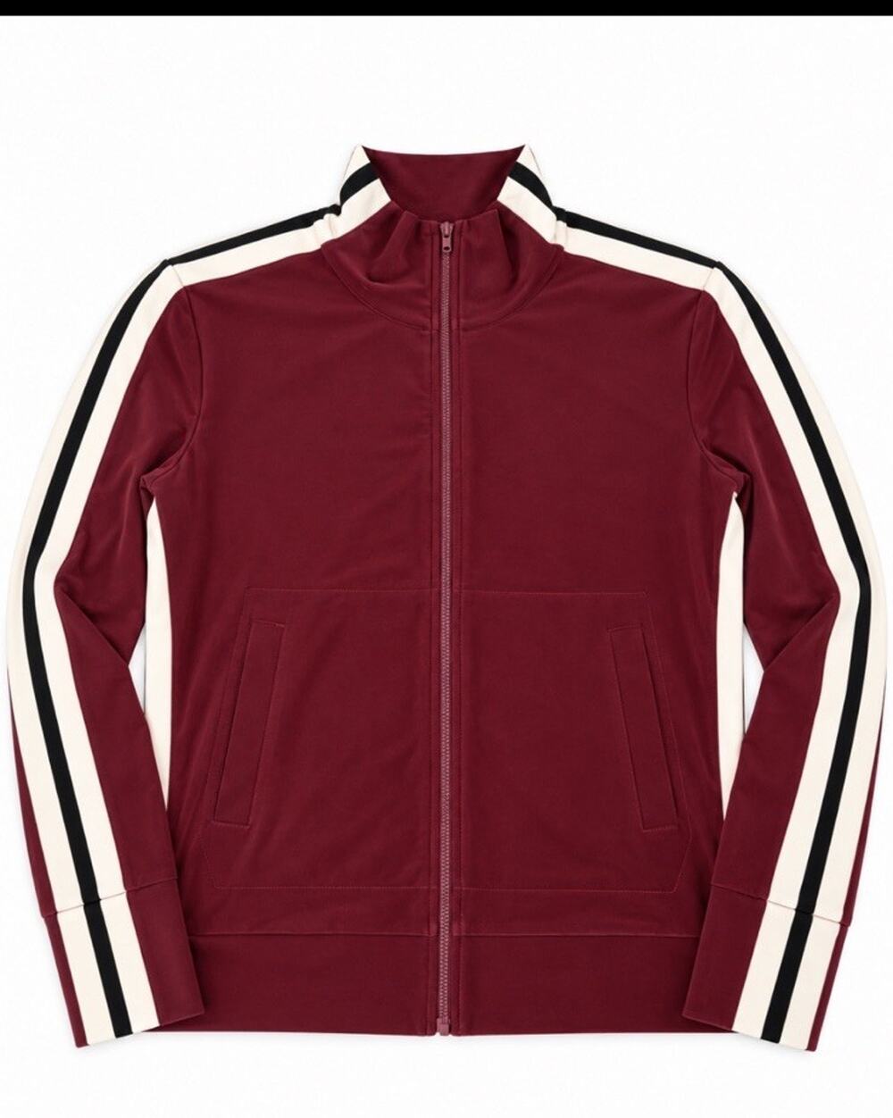 Norma Kamali Side Stripe Turtle Neck Zip Track Jacket burgundy/plum colorway